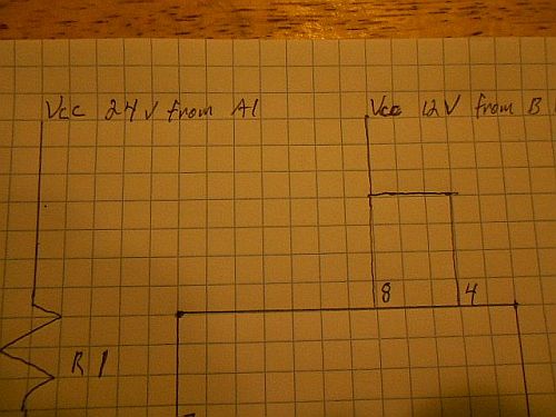 Image: Modified circuit detail - A1 positive to the RC circuit, B1 positive to the IC input pin...